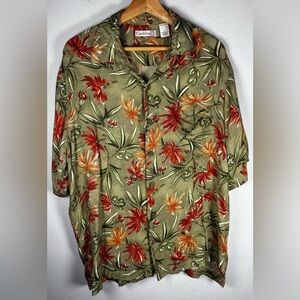 Caribbean 100% Rayon Olive Green Hawaiian Print‎ Button Up Shirt Size Large